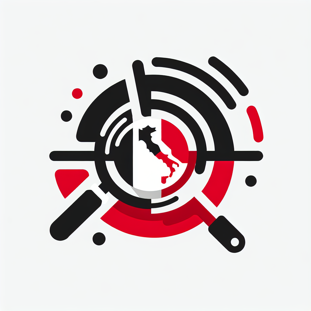 Progetta un logo pulito e contemporaneo per un portale di notizie italiane. Utilizza elementi grafici come un\'icona a forma di Italia, una lente d\'ingrandimento o un’onda sonora che rappresenta l\'informazione. Colori suggeriti: rosso, nero e bianco per un look autorevole e dinamico. Il carattere deve essere leggibile e moderno, adatto al giornalismo online.